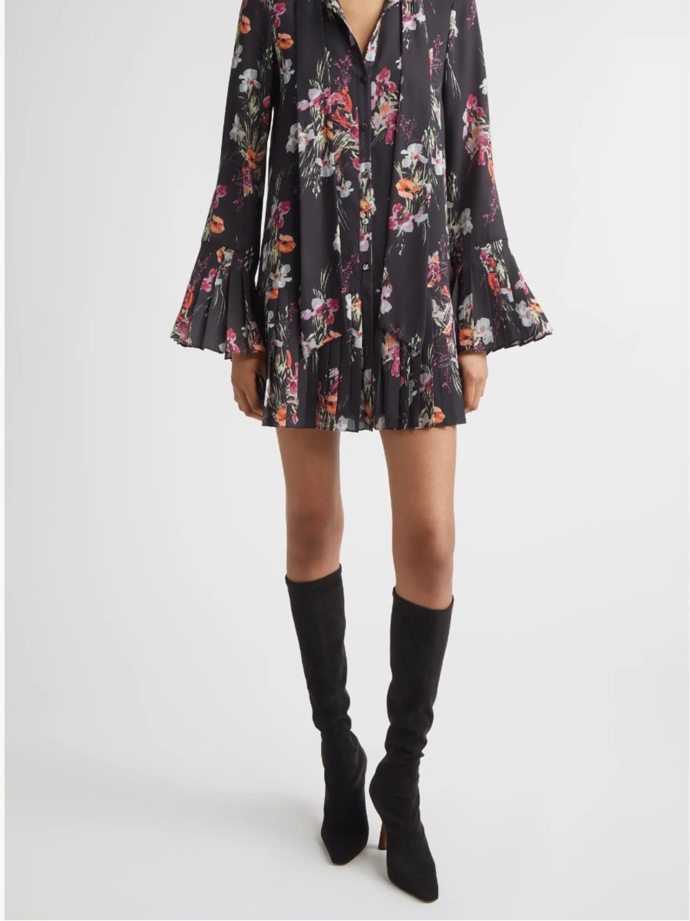 cinq a sept Black Floral Pleated Mini Dress NWT